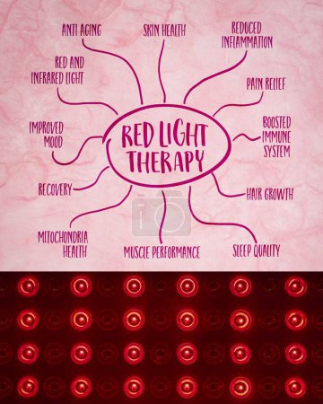 health benefits of red light therapy - mind map sketch on art paper with a detial of light panel, health and medical infographics