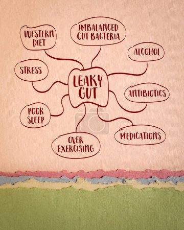 causas del síndrome del intestino goteante - bosquejo del mapa mental en papel de arte, concepto de salud digestiva