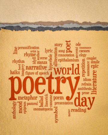 Día mundial de la poesía - nube de palabras sobre papel de arte, póster vertical