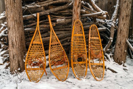 Klassische hölzerne Schneeschuhe, Huron und Bear Paw, gegen einen Haufen Brennholz