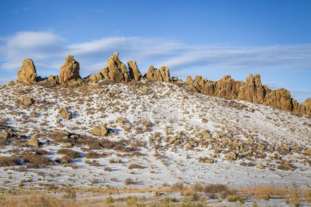 Photo for Devils Backbone rock formation at foothills of Rocky Mountains in northern Colorado near Loveland, winter morning scenery - Royalty Free Image