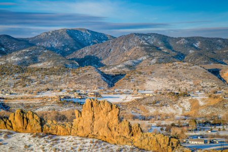 Devils Backbone rock formation at foothills of Rocky Mountains in northern Colorado near Loveland, winter morning scenery