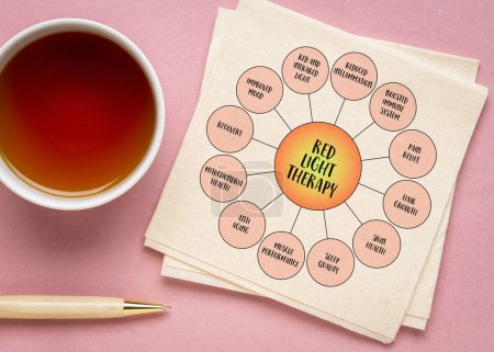 Photo for Benefits of red light therapy - mind map infographics diagram on a napkin, health, lifestyle, self care and medical concept - Royalty Free Image