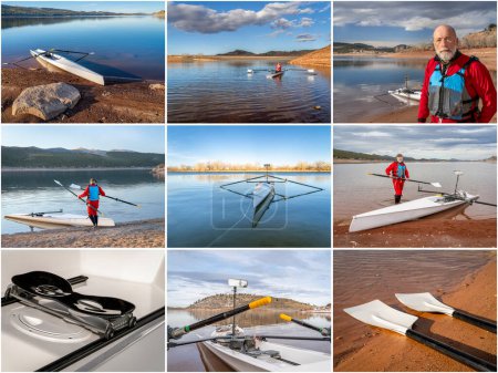 collection of images from winter rowing on lakes in northern Colorado featuring the same senior male rower wearing a drysuit
