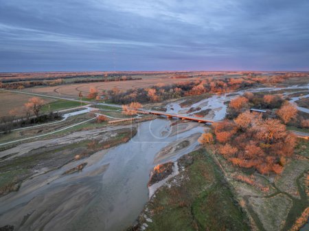 Photo for Springtime sunrise over Platte River, crane viewing deck and plains near Kerney, Nebraska - Royalty Free Image