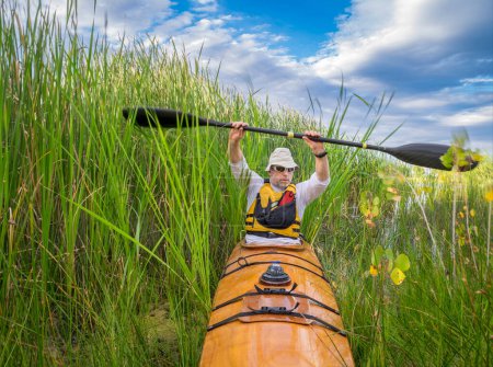 Foto de Vista de proa de un macho mayor remando una casa construida de madera kayak de mar a través de cañas densas en un lago en Colorado - Imagen libre de derechos