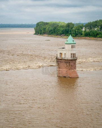 Historic water intake tower built in 1891 below the Old Chain of Rocks bridge on the Mississippi River near St Louis
