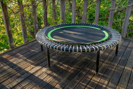 mini trampoline for fitness exercising and rebounding in a backyard patio, spring scenery