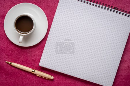 Photo for Blank spiral notebook with ruled paper, flat lay with coffee on textured art paper - Royalty Free Image