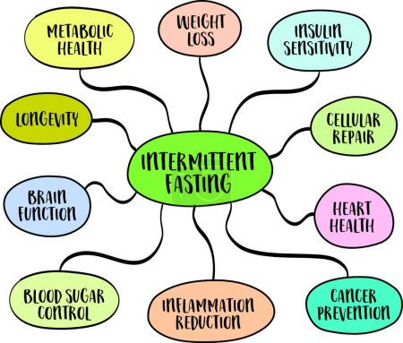 Ilustración de Beneficios para la salud de las infografías intermitentes en ayunas, dieta y estilo de vida, bosquejo de mapas mentales vectoriales - Imagen libre de derechos