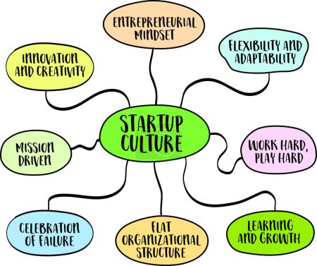 startup culture infographics, unique set of values, practices, norms, and behaviors that characterize entrepreneurial ventures, business and social