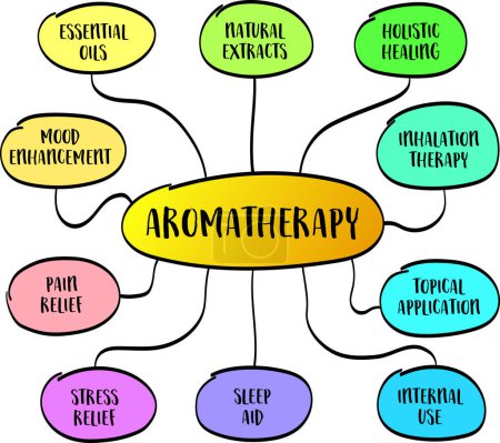 Illustration for Aromatherapy with essential oils and its applications to holistic healing to improve physical, mental, and emotional health, vector mind map infographics sketch - Royalty Free Image