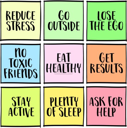 healthy lifestyle reminders, a set of colorful notes, personal development concept