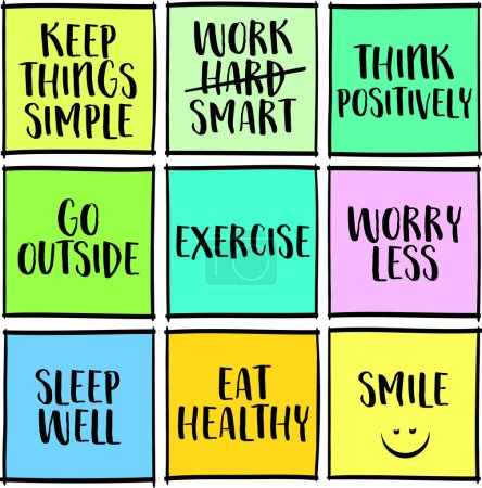 healthy lifestyle reminders, a set of colorful notes, personal development concept