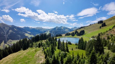Photo for Aerial drone FPV of Saalbach Hinterglemm mountains in Austria. - Royalty Free Image