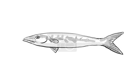 Foto de Dibujo en línea de estilo de dibujos animados de una barracuda Blackfin Sphyraena qenie, o Chevron barracuda un pez endémico de Hawai y el archipiélago hawaiano con puntos de medio tono sombreado sobre fondo aislado en blanco y negro. - Imagen libre de derechos