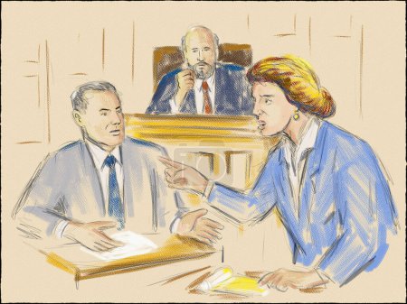 Photo for Pastel pencil pen and ink sketch illustration of a courtroom trial setting with judge, lawyer, defendant, plaintiff, witness and jury on a court case drama in judiciary court of law and justice. - Royalty Free Image