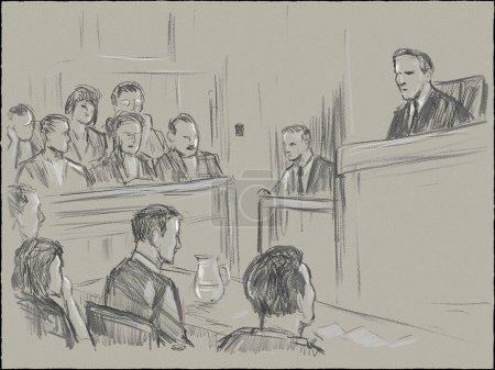 Pastellstift und Tuschezeichnung illustrieren eine Gerichtsverhandlung mit Richter, Anwalt, Beklagtem, Kläger, Zeuge und Geschworenen über ein Gerichtsdrama vor Gericht und Justiz.