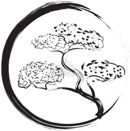 Téléchargez les photos : Dessin illustration de style croquis d'un cercle Enso avec bonsaï à l'intérieur duquel un symbole sacré dans le bouddhisme zen signifiant cercle ou parfois, cercle de solidarité sur fond blanc isolé. - en image libre de droit