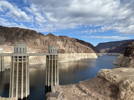 Photo for Photo of the Hoover Dam, a concrete arch gravity dam in the Black Canyon of the Colorado River in Boulder City, Clark County on the border between Nevada and Arizona, United States of America USA. - Royalty Free Image