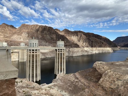 Photo for Photo of the Hoover Dam, a concrete arch gravity dam in the Black Canyon of the Colorado River in Boulder City, Clark County on the border between Nevada and Arizona, United States of America USA. - Royalty Free Image