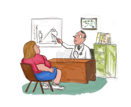 Téléchargez les photos : Illustration de bande dessinée d'une femme obèse consultant un médecin dans une clinique pointant vers un tableau. - en image libre de droit