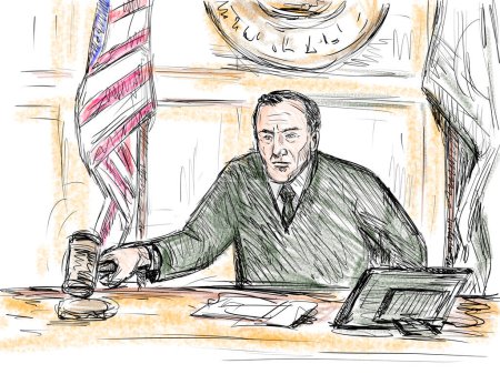 Pastel pencil pen and ink sketch illustration of a courtroom trial setting with judge banging the gavel during verdict and sentencing on a court case drama in judiciary court of law and justice.