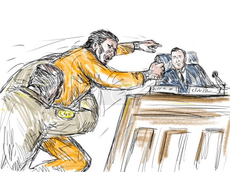 Pastel pencil pen and ink sketch illustration of a courtroom trial setting with defendant leaping at judge with bailiff or security police officer restraining convict in court drama