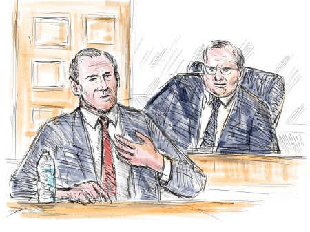 Crayon pastel et croquis à l'encre illustrant un procès en salle d'audience avec juge et défendeur, demandeur, témoin témoignant sur un drame judiciaire devant un tribunal judiciaire et judiciaire.