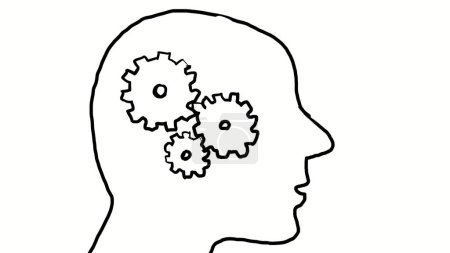 Foto de Dibujo o dibujo ilustración de un humano visto desde un lado con engranajes mecánicos como cerebro sobre fondo blanco. - Imagen libre de derechos