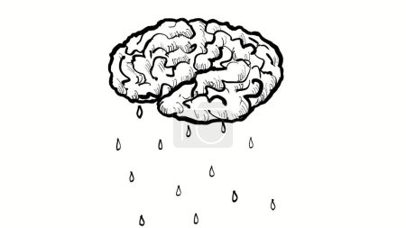 Téléchargez les photos : Dessin ou croquis illustration du cerveau humain comme un nuage pleuvant avec des gouttelettes d'eau sur fond blanc. - en image libre de droit