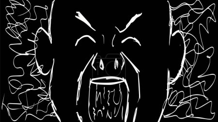 Foto de Dibujo o dibujo ilustración que muestra a un hombre frustrado gritando y gritando enojado visto desde el frente sobre fondo negro. - Imagen libre de derechos