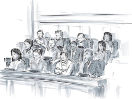 Téléchargez les photos : Crayon pastel et croquis à l'encre illustrant un procès en salle d'audience mettant un jury de douze jurés de 12 personnes sur un drame judiciaire devant un tribunal judiciaire et judiciaire. - en image libre de droit