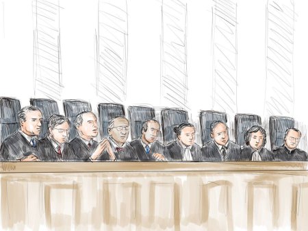 Pastellstift und Tuschezeichnung illustrieren eine Gerichtsverhandlung mit Richter am Obersten Gerichtshof oder Richtern über ein Gerichtsdrama vor Gericht und Justiz.