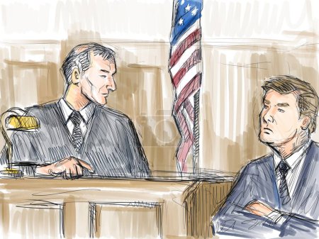 Crayon pastel et croquis à l'encre illustrant un procès en salle d'audience avec un juge réprimandant l'accusé, le demandeur, le témoin tout en témoignant sur une affaire judiciaire devant un tribunal judiciaire et judiciaire.
