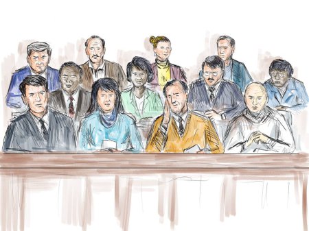 Pastellstift und Tuschezeichnung illustrieren einen Prozess im Gerichtssaal, in dem eine zwölfköpfige Jury ein Gerichtsdrama im Gerichtssaal von vorne betrachtet.