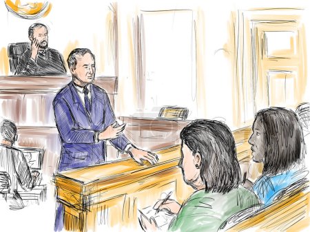 Crayon pastel et croquis à l'encre illustrant un procès en salle d'audience avocat de l'accusé, demandeur, s'adressant au jury sur un drame judiciaire devant un tribunal judiciaire.