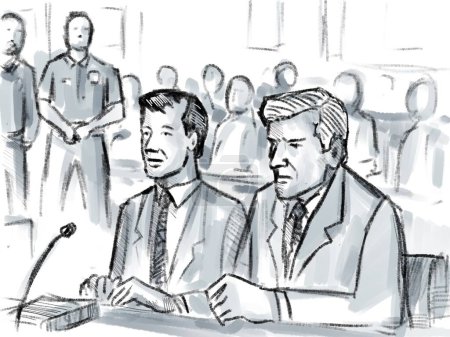 Crayon pastel et croquis à l'encre illustrant un procès en salle d'audience avec avocat et défendeur, demandeur ou témoin assis lors d'une audience judiciaire devant un tribunal judiciaire et judiciaire.