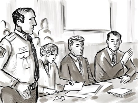 Pastel pencil pen and ink sketch illustration of a courtroom trial setting with lawyer and defendant, plaintiff seated with bailiff during on court case hearing in judiciary court of law and justice.