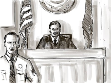 Pastel pencil pen and ink sketch illustration of a courtroom trial setting with judge and bailiff during on court case hearing in judiciary court of law and justice viewed from front.