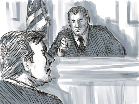 Crayon pastel et croquis à l'encre illustrant un procès en salle d'audience avec un juge réprimandant le défendeur ou le demandeur, témoin coupable d'outrage au tribunal devant un tribunal judiciaire et judiciaire.