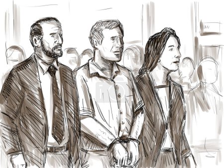 Photo for Pastel pencil pen and ink sketch illustration of an convicted defendant convict accompanied buy lawyer for sentencing hearing in courtroom or court of law drawing. - Royalty Free Image