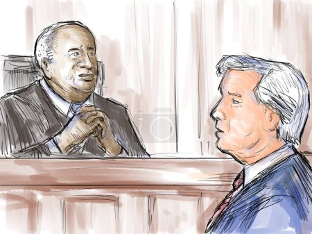 Pastellstift und Tuschezeichnung illustrieren eine Gerichtsverhandlung mit Richter, der dem Angeklagten, Kläger und Zeugen zuhört, der vor Gericht und Justiz aussagt.