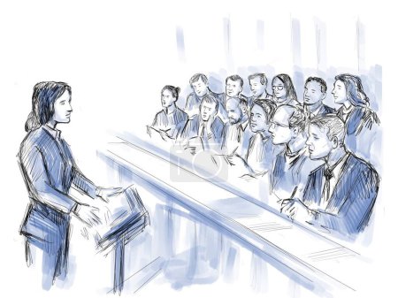 Pastel pencil pen and ink sketch illustration of a courtroom trial setting lawyer of defendant, plaintiff, addressing jury in closing argument in court case in judiciary court of law and justice.