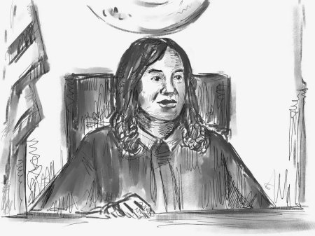 Pastellstift und Tuschezeichnung illustrieren eine Gerichtsverhandlung, die eine schwarze afroamerikanische Richterin in einem Gerichtsdrama vor Gericht und Justiz zeigt..