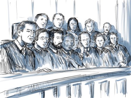 Téléchargez les photos : Crayon pastel et croquis à l'encre illustrant un procès en salle d'audience mettant un jury de douze jurés de 12 personnes sur un drame judiciaire devant un tribunal judiciaire et judiciaire. - en image libre de droit