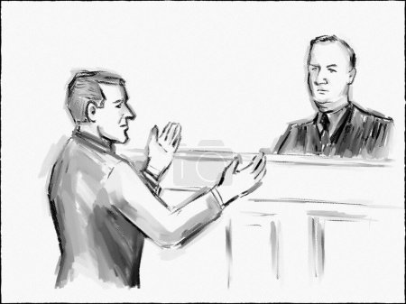 Crayon pastel et croquis à l'encre illustrant un cadre de procès en salle d'audience avec un avocat discutant d'une affaire avec un juge dans une affaire judiciaire devant un tribunal judiciaire et judiciaire.
