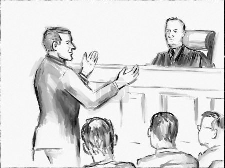 Pastellstift und Tuschezeichnung illustrieren eine Gerichtsverhandlung mit einem Anwalt, der in einem Gerichtsverfahren vor Gericht mit dem Richter streitet.