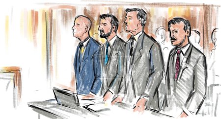 Crayon pastel et croquis à l'encre illustrant le cadre d'un procès en salle d'audience avec avocat et défendeur, demandeur ou témoin debout lors de l'audition de l'affaire devant un tribunal judiciaire et judiciaire.