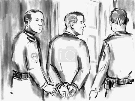 Pastel pencil pen and ink sketch illustration of an convicted defendant convict in handcuff led out by bailiff police officer after sentencing in courtroom or court of law drawing.